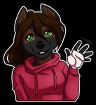 anthro black_body blush brown_body brown_hair clothed clothing female front_view gesture glistening glistening_eyes green_eyes hair hoodie looking_at_viewer red_clothing red_hoodie red_topwear simple_background solo topwear transparent_background waving waving_at_viewer demireality canid mammal alpha_channel low_res