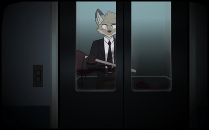 5_fingers anthro axe belt black_clothing black_suit blood bodily_fluids brown_body brown_fur cheek_tuft clothed clothing door elevator evil_grin eyebrows facial_tuft fingers fire_axe fur head_tuft holding_axe holding_object imminent_death looking_at_viewer male markings mole_(marking) multicolored_body multicolored_ears multicolored_fur open_clothing open_topwear orange_body orange_fur pupils pushbutton shirt slit_pupils smeared_blood smile solo suit topwear tuft vignette white_body white_clothing white_eyes white_fur white_shirt white_topwear window suitedwolfie balthy_(suitedwolfie) canid canine fox mammal 16:10 2025 absurd_res digital_drawing_(artwork) digital_media_(artwork) hi_res widescreen
