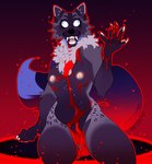 anthro blood blood_on_fur bodily_fluids breasts claws fangs female fur long_tail looking_at_viewer neck_tuft nipples open_mouth scary sitting small_breasts solo tail teeth thick_thighs tuft omnifangs canid canine canis mammal wolf 2024 digital_media_(artwork) hi_res watermark