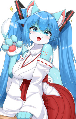 4_fingers alternate_species anthro asian_clothing blue_body blue_ears blue_eyes blue_fur blue_hair blue_tail clothing countershade_face countershade_fur countershade_torso countershading cute_fangs dipstick_tail dress east_asian_clothing fangs female fingers fur furrification hair inner_ear_fluff japanese_clothing kemono long_hair looking_at_viewer markings miko_outfit open_mouth pawpads paws red_clothing red_dress shrine_maiden simple_background solo tail tail_markings teeth topwear tuft white_background white_body white_clothing white_fur white_tail_tip white_topwear horokusa0519 vocaloid yamaha_corporation hatsune_miku domestic_cat felid feline felis mammal 2026 hi_res