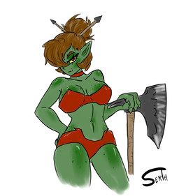accessory arrow_(weapon) axe breasts brown_hair choker cleavage closed_smile clothed clothing crop_top female female_humanoid freckles glistening glistening_body green_body hair hair_accessory hair_bun hand_on_hip humanoid_pointy_ears jewelry looking_at_viewer mouth_closed navel necklace not_furry pointy_ears ranged_weapon shirt shortstack smile solo topwear weapon serth goblin humanoid hi_res