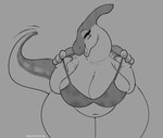 anthro big_breasts bra_straps breasts female huge_breasts navel non-mammal_breasts obese obese_female overweight overweight_female seductive solo wide_hips yuckydizzy dinosaur hadrosaurid ornithischian ornithopod parasaurolophus prehistoric_species reptile scalie absurd_res hi_res monochrome