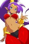 5_fingers blue_eyes breasts brown_body brown_skin clothing ear_piercing ear_ring female fingers hair humanoid_pointy_ears long_hair looking_at_viewer navel not_furry piercing pointy_ears ponytail purple_hair ring_piercing simple_background smile smiling_at_viewer solo revenant_(artist) shantae_(series) wayforward shantae genie humanoid 2025 2:3 hi_res