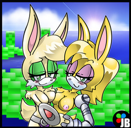 abstract_background anthro big_breasts blush breast_squish breasts breasts_frottage cybernetics duo female fur hair long_hair machine nipples nude simple_background smile squish sun tan_body tan_fur bluebreed archie_comics sega sonic_the_hedgehog_(archie) sonic_the_hedgehog_(comics) sonic_the_hedgehog_(series) bunnie_rabbot scarlette_rabbot cyborg lagomorph leporid mammal rabbit low_res