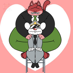 accessory anthro bottomwear clothing dot_eyes duo hat headgear headwear heart_symbol male male/male necktie overweight overweight_male pants red_body red_nose shirt simple_eyes sitting tear_trough topwear tuft white_body oceanrockz mappy goro_(mappy) mappy_(character) domestic_cat felid feline felis mammal mouse murid murine rodent 1:1 2025 hi_res