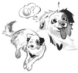 ambiguous_gender dog_food dog_treat ear_piercing ear_ring facial_piercing feral nose_piercing pet_food piercing ring_piercing septum_piercing solo thought_bubble tongue tongue_out coraldog coral_(coraldog) australian_shepherd canid canine canis domestic_dog herding_dog mammal pastoral_dog sheepdog hi_res monochrome