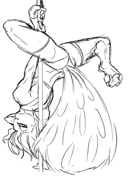 anthro beak butt clothed clothing crossdressing dancing digitigrade feathers feet femboy hair looking_at_viewer looking_back male muscular muscular_anthro muscular_femboy muscular_male pole pole_dancing skimpy solo talons toes upside_down cultmastersleet danny_(vampiresacrifice) avian bird galliform peafowl phasianid black_and_white monochrome