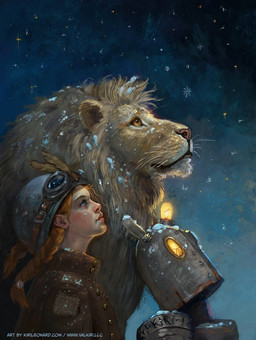 ambiguous_gender armor braided_hair brown_clothing brown_jacket brown_topwear clothing eyewear eyewear_on_head female feral fur goggles goggles_on_head grey_body group hair headgear helmet jacket lamp looking_up loose_feather machine male mane pigtails rust side_view snow snowing star tan_body tan_fur tan_mane text topwear whiskers valkiri felid human humanoid lion mammal pantherine robot robot_humanoid digital_media_(artwork) url