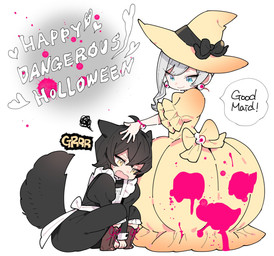 5_fingers apron black_clothing black_dress black_hair boots clothing crossdressing_male crouching dialogue dress duo female fingers footwear grey_hair hair hat headgear headwear looking_down maid_uniform male pet_praise praise shoes simple_background smile tail text uniform white_apron white_clothing witch_hat yellow_clothing yellow_dress troly_haluo may_i_ask_for_one_final_thing? nanaka_(may_i_ask_for_one_final_thing?) scarlet_el_vandimion animal_humanoid canid canid_humanoid human humanoid mammal mammal_humanoid 2019 digital_media_(artwork) english_text hi_res
