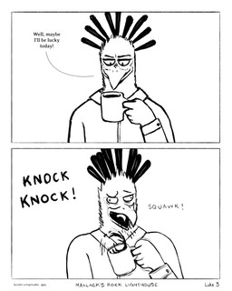 anthro beak beverage border clothing collared_shirt container cuffs_(clothing) cup dialogue feathers knocking male mug shirt simple_background solo sound_effects spilling_drink spitting_drink squawking surprised tea text topwear white_background white_border sharkinthepark luke_(sharkinthepark) accipitriform avian bird secretary_bird 2025 4:5 absurd_res black_and_white comic english_text hi_res monochrome