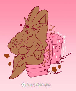 after_transformation ambiguous_gender anthro blush blush_lines bodily_fluids breasts brown_fart_cloud duo eyes_closed fart fart_cloud female flustered gradient_background inanimate_transformation living_toilet navel one_eye_closed onomatopoeia pink_background simple_background simple_coloring simple_eyes sitting sitting_on_another sound_effects sweat sweatdrop text toilet toilet_transformation transformation wink inabunstar nintendo pokemon tulip_(kitokito) animate_inanimate ditto_(pokemon) generation_1_pokemon generation_4_pokemon lagomorph lopunny mammal pokemon_(species) better_version_at_source english_text shaded simple_shading