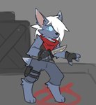 3_toes 4_fingers anthro belt black_nose blue_bottomwear blue_clothing blue_eyes blue_pants bodily_fluids bottomwear clothing crate digitigrade feet fingerless_gloves fingers fur gloves grey_background grey_body grey_fur hair hair_over_eye handwear holding_knife holding_object inner_ear_fluff knife long_hair looking_aside male pants red_scarf scarf simple_background solo standing sweat sweatdrop tail target toes tuft white_hair young young_anthro young_male shinyumbre blizzard_entertainment counter-strike warcraft axel_(character) canid mammal werecanid werecreature worgen 2023 colored_sketch digital_drawing_(artwork) digital_media_(artwork) sketch