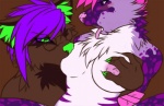 anthro areola blush breast_grab breast_play breast_suck breasts chest_tuft claws duo eyelashes eyewear female female/female fur glasses green_eyes grope hand_on_breast mane nipples nude purple_eyes speckled spots sucking tongue tuft sage116 canid canine canis felid fox hybrid leopard mammal pantherine wolf