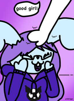 ambiguous_gender anthro blue_body blue_fur buckteeth clothing duo eyewear female fur gender_euphoria glasses good_girl hair happy headpat hoodie long_hair petting praise purple_clothing purple_hair purple_hoodie purple_topwear simple_coloring spade_tail tail teeth toony topwear kairitehbunni onegai_my_melody sanrio kairi_(kairitehbunni) kuromi demon lagomorph leporid mammal rabbit 2025 hi_res trans_(lore) trans_woman_(lore)