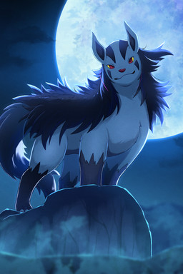 3_toes ambiguous_feral ambiguous_gender black_body black_fur black_inner_ear black_mane black_tail claws cloud digitigrade feet feral full_moon fur grey_body grey_claws grey_ears grey_fur head_tilt light looking_at_viewer looking_down looking_down_at_viewer mane moon moonlight mouth_closed multicolored_body multicolored_fur night outside paws pupils quadruped red_eyes red_nose rock sky snout solo standing tail toe_claws toes two_tone_body two_tone_fur yellow_sclera rumine nintendo pokemon canid canine generation_3_pokemon mammal mightyena pokemon_(species) 2026 2:3 hi_res lighting shaded