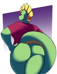 anthro big_butt bottomless butt clothed clothing female hand_on_hip looking_back shirt solo tail topwear walking_away digitalpelican mythology sasha_(digitalpelican) dragon lizard mythological_creature mythological_scalie reptile scalie 2021 hi_res