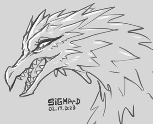 ambiguous_form ambiguous_gender eyelashes open_mouth sharp_teeth simple_background smile solo spikes teeth sigma-d mythology dragon mythological_creature mythological_scalie scalie 2023 dated digital_media_(artwork) monochrome portrait signature