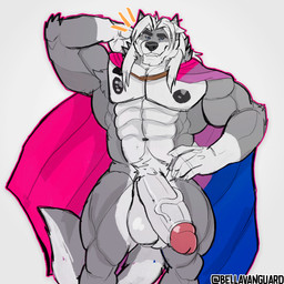 abs anthro balls barazoku big_nipples big_penis bisexual_pride_colors black_nipples blue_eyes body_hair chest_tattoo flexing flexing_bicep foreskin front_view fur genitals glans grey_body grey_fur hair half-erect hand_behind_head hand_on_hip happy_trail huge_penis humanoid_genitalia humanoid_penis lgbt_pride long_hair looking_at_viewer male muscular muscular_male nipple_piercing nipples pecs penis piercing pink_glans pride_colors rainbow_flag rainbow_symbol showing_armpit smile smiling_at_viewer smirk smirking_at_viewer solo standing tattoo white_body white_foreskin white_fur white_hair bella_vanguard lgbt_pride_month mac_b._howlin canid canine canis mammal wolf 1:1 hi_res