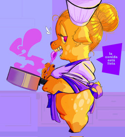 anthro antlers breasts chef_hat clothed clothing cooking fangs female fur hair hat headgear headwear horn kitchen kitchen_utensils looking_at_viewer scut_tail short_stack short_tail side_view simple_background smile solo speech_bubble tail teeth text thick_thighs tools topwear wendy_(vulgar_isaac) yellow_body yellow_fur vulgar_isaac deer mammal digital_media_(artwork) hi_res spanish_text