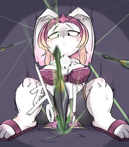 anthro areola blush bodily_fluids breasts clothing crying dart female footwear fur hair kunai pink_hair poison ranged_weapon shoes shuriken slippers solo tears throwing_knife weapon white_body white_fur tristana_gllant gunfire_reborn tao_(gunfire_reborn) lagomorph leporid mammal rabbit absurd_res hi_res