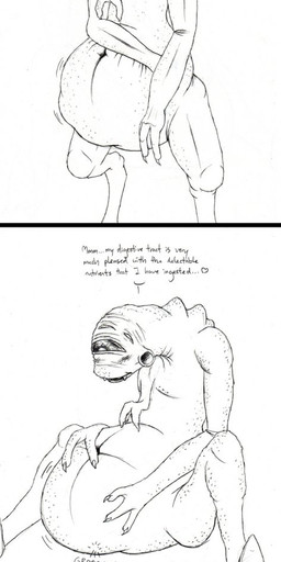 3_fingers abdominal_bulge belly big_belly blush fingers hand_on_belly heart_symbol male navel not_furry rumbling_stomach simple_background sitting smile solo standing teeth text vore fidchellvore half-life half-life_2 valve alien humanoid vortigaunt 2009 comic dated english_text handwritten_text hi_res monochrome signature traditional_media_(artwork)
