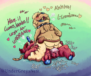 accessory air_puff andromorph andromorph/male animal_genitalia anthro arched_back balls blue_nose blue_paws blue_tongue blush bodily_fluids canon_x_oc cheek_tuft chest_tuft clitoris close_to_bursting collar cum cum_in_vagina cum_inside cum_on_balls curling_toes dialogue duo ejaculation encouragement eyes_closed facial_hair facial_tuft feet fluffy fluffy_chest fur genital_fluids genitals grabbing_both_legs grabbing_both_thighs gradient_background gradient_fur head_tuft heart_symbol intersex intersex/male knot knotted_penis leg_grab looking_pleasured lying male mohawk motion_lines mustache necktie on_back on_bottom on_top onomatopoeia open_mouth orgasm orgasm_face ostomy overbite pawpads paws penetration penile penile_penetration penis penis_in_vagina red_body red_fur reverse_cowgirl_position sex sheath simple_background slightly_chubby sound_effects spiked_collar spikes tan_body tan_fur text thigh_grab tongue tuft tusks underbite vaginal vaginal_penetration vulva undergreysnest bugsnax young_horses cromdo_face fan_character grumpus 2024 colored dated shaded signature watermark trans_(lore) trans_man_(lore)