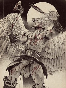 abs anthro axe balls beak big_balls blood bodily_fluids foreskin genital_fluids genitals humanoid_genitalia humanoid_penis male muscular muscular_anthro muscular_male nipples open_mouth penis precum solo weapon wings ama_dench_art xjal avian 3:4 digital_drawing_(artwork) digital_media_(artwork) hi_res restricted_palette