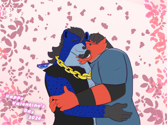 anthro barazoku beard blue_body blue_fur chain clothed clothing duo eyes_closed facial_hair fur hair heart_symbol holidays hug hugging_another long_hair male male/male simple_background conditional_dnp kazuhisa_(artist) kemoteto_yakuza_project nintendo pokemon valentine's_day kazuhisa generation_7_pokemon hyena incineroar mammal pokemon_(species) spotted_hyena 2026 4:3 absurd_res hi_res