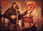 anthro bandage beard belt beverage black_nose blonde_hair blush bottomwear brown_body brown_fur cigarette clothing coffee duo facial_hair food fur hair heart_symbol male male/male musclegut muscular necktie pants shirt slightly_chubby smoke smoking suspenders teasing topwear vetrowolf bear hyena mammal spotted_hyena hi_res