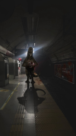 ambiguous_gender billboard blood bodily_fluids claws clothed clothing corpse creepy creepy_smile duo feathers feral gore headless hiding_behind_another holding_another holding_body horror_(theme) inside looking_at_viewer male mimicry shadow sign size_difference smile solo subway_station text abigaildx1 dinosaur feathered_dinosaur feathered_scalie human mammal megaraptor megaraptorid prehistoric_species reptile saurischian scalie theropod tratayenia 9:16 draw_over hi_res photography_(artwork) spanish_text