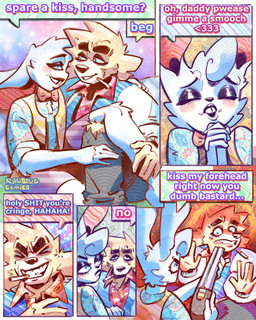 5_panel_comic annoyed anthro bottomwear bow_tie cheek_tuft cigarette cigarette_in_mouth clothing dialogue double_barrel_shotgun duo ears_down eyes_closed facial_tuft floppy_ears fur grin gun half-closed_eyes humor jacket letterman_jacket male narrowed_eyes object_in_mouth pants pivoted_ears pointing_gun pointing_gun_at_another ranged_weapon shorts shotgun smile smoking_tobacco speech_bubble teeth text threatening_with_weapon tooth_gap topwear torn_bottomwear torn_clothing torn_pants tuft vest weapon white_body white_fur wide_eyed yellow_body yellow_fur rawdawgcomics bingus_(rawdawgcomics) stahli_(rawdawgcomics) bird_dog canid canine canis domestic_dog golden_retriever hunting_dog lagomorph leporid mammal rabbit retriever 4:5 comic english_text hi_res