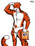 anthro bulge clothed clothing fur male mascot muscular muscular_anthro muscular_male orange_body orange_fur pose solo striped_body striped_fur stripes underwear white_body white_clothing white_fur white_underwear arrwulf felid mammal pantherine tiger 3:4