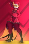 anthro beak clothed clothing collar detailed_background eyewear feathers femboy fishnet_clothing fishnet_legwear fishnet_topwear glasses hair legwear male partially_clothed red_body smile solo stockings tail topwear genosladart helluva_boss vassago_(helluva_boss) avian bird goetia parrot absurd_res colored digital_drawing_(artwork) digital_media_(artwork) hi_res shaded