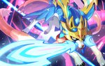 abstract_background ambiguous_gender anamorphic_lens_flare black_claws blue_body claws digitigrade feral glowing_sword light looking_at_viewer melee_weapon metal_wings multicolored_eyes object_in_mouth red_nose snout solo sword sword_in_mouth weapon yellow_eyes wolftapioca nintendo pokemon canid canine crowned_sword_zacian generation_8_pokemon legendary_pokemon mammal pokemon_(species) zacian 2020 full-length_portrait lighting portrait