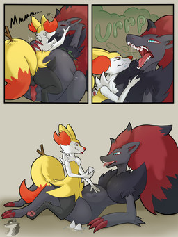 after_vore animal_genitalia anthro anthro_pred balls bodily_fluids bodily_noises burping burping_in_face burping_up_object canine_genitalia digestion duo erection fatal_vore fully_inside genitals group kissing male male/male male_pred onomatopoeia saliva saliva_on_tongue saliva_string sitting_on_another size_difference sound_effects text tongue tongue_out trio vore arkailart nintendo pokemon braixen canid canine fox generation_4_pokemon generation_5_pokemon generation_6_pokemon lucario mammal pokemon_(species) zoroark 3:4 comic hi_res