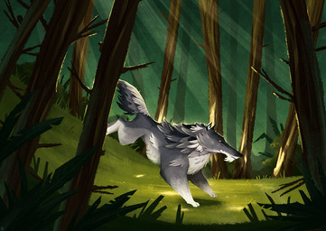 ambiguous_gender day detailed_background feral forest fur grass grey_body grey_fur light light_beam moving outside plant rim_light rim_lighting solo sunbeam sunlight tree kanizo canid canine canis mammal wolf 2015 digital_media_(artwork)