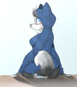 anthro biped blue_eyes blush bottomless butt clothed clothing female fur hair hoodie looking_at_viewer panties simple_background sitting solo topwear underwear backsash canid canine canis domestic_dog husky mammal nordic_sled_dog spitz 2015 absurd_res digital_media_(artwork) hi_res shaded