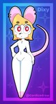 absurd_res anthro big_eyes blonde_hair character_name chest_tuft cordicedraw dixy_(cordicedraw) ear_piercing featureless_chest featureless_crotch featureless_feet feet female full-length_portrait fur gradient_background hair hand_on_hip hi_res looking_at_viewer mammal mouse murid murine navel notched_ear nude piercing portrait red_eyes rodent round_ears scanlines signature simple_background small_waist standing tail thick_thighs tuft white_body white_fur wide_hips