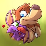 anthro blue_eyes brown_body brown_fur duo eye_contact female fur green_eyes heart_symbol looking_at_another male male/female nuzzling one_eye_closed purple_body purple_fur tongue tongue_out wink bassybefuddle conditional_dnp banjo-kazooie playtonic_games rareware yooka-laylee banjo_(banjo-kazooie) laylee bat bear mammal 1:1 crossover headshot_portrait portrait