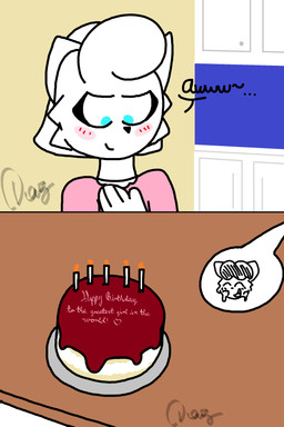 anthro birthday blue_eyes blush cake candle dessert dialogue duo female food fur hand_on_chest kitchen male male/female messy text white_body white_fur adiaz charlette_(adiaz) talin_(adiaz) canid canine canis domestic_dog mammal absurd_res comic english_text hi_res