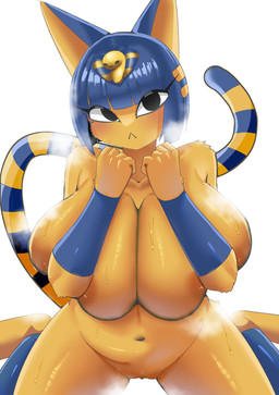 4_fingers accessory anthro arm_tuft big_breasts biped black_eyes blue_hair blue_tail blush bob_cut bodily_fluids breast_squish breasts clitoris egyptian elbow_tuft eyelashes feet female female_anthro fingers fur genitals glistening glistening_body glistening_breasts glistening_legs glistening_thighs hair huge_breasts kneeling looking_at_viewer mouth_closed multicolored_hair multicolored_tail musk navel nude nude_anthro nude_female orange_body orange_fur orange_hair orange_tail pointy_ears prick_ears simple_background solo squish sweat sweaty_breasts sweaty_legs sweaty_thighs tail tuft two_tone_hair uraeus vulva white_background killer._ez animal_crossing nintendo ankha_(animal_crossing) domestic_cat felid feline felis mammal 2026 absurd_res digital_drawing_(artwork) digital_media_(artwork) hi_res