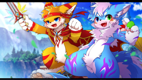 4_fingers anthro blue_body blue_eyes blue_fur cape cheek_tuft chest_tuft clothing day duo facial_tuft fingers fluffy fluffy_tail fur green_eyes heterochromia holding_melee_weapon holding_object holding_sword holding_weapon inner_ear_fluff kemono light looking_at_viewer male melee_weapon multicolored_body multicolored_fur neck_tuft open_mouth open_smile orange_body orange_fur outside pawpads smile sunlight sword tail tuft weapon white_body white_fur yellow_body yellow_fur hlg7777 moli60024546 canid canine fox mammal 16:9 2022 cel_shading digital_drawing_(artwork) digital_media_(artwork) hi_res letterbox shaded soft_shading wallpaper widescreen