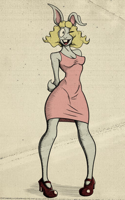 anthro breasts cleavage clothed clothing dress female footwear fully_clothed high_heels looking_at_viewer one_eye_closed shoes smile solo tight_clothing wink winking_at_viewer outtabellets robert_crumb hare lagomorph leporid mammal rabbit absurd_res hi_res