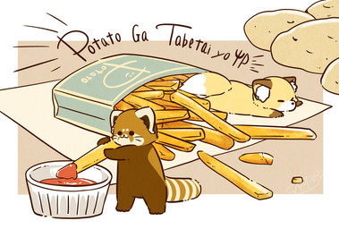 ambiguous_gender biped brown_body brown_fur chibi duo eyes_closed feral food fries fur ketchup micro text shi_nominmin ailurid canid canine fox mammal red_panda 2020 hi_res