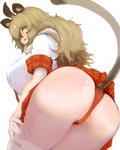 big_butt blonde_hair bottomwear breasts butt clothing female fur hair hair_over_eye legwear looking_at_viewer looking_back one_eye_obstructed open_mouth panties shirt simple_background skirt solo tail_under_skirt thigh_highs topwear underwear yellow_eyes shibori_kasu kemono_friends lion_(kemono_friends) animal_humanoid felid felid_humanoid humanoid lion_humanoid mammal mammal_humanoid pantherine pantherine_humanoid 4:5 absurd_res hi_res