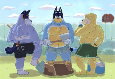 anthro anthro_on_anthro areola axe barazoku barefoot bedroom_eyes being_watched belly beverage beverage_can blush bodily_fluids bottomwear bulge butt can clothed clothing cloud container cooler day denim denim_bottomwear denim_clothing denim_shorts eyebrows feet fence fur grass group holding_axe holding_beverage holding_can holding_container holding_object holding_shovel holding_tool looking_at_another looking_at_viewer looking_back looking_back_at_viewer male male/male manly musclegut muscular muscular_anthro muscular_male narrowed_eyes nipples outside pecs plant plantigrade seductive shorts shovel shrub smile standing stump sweat text text_on_bottomwear text_on_clothing text_on_shorts thirst_trap tools topless topless_anthro topless_male tuft wood f0l0o0d_xxx bluey_(series) bandit_heeler fido_(bluey) pat_(bluey) stripe_heeler australian_cattle_dog bird_dog canid canine canis cattledog domestic_dog golden_retriever herding_dog hunting_dog labrador mammal pastoral_dog retriever 2025 english_text hi_res brother_(lore) brothers_(lore) sibling_(lore)