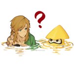blonde_hair clothing crossover duo elf eye_contact hair humanoid humanoid_pointy_ears hylian inkling_(squid_form) light_body light_skin link looking_at_another male mmimmzel nintendo question_mark simple_background splatoon tears_of_the_kingdom the_legend_of_zelda