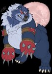 anthro armlet belly blue_body blue_fur claws clothing feral fur gloves handwear male obese overweight red_eyes sharp_teeth snarling solo teeth daneobejan-dken bandai_namco digimon bear digimon_(species) grizzlymon mammal alpha_channel