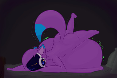 anthro belly big_belly butt female huge_belly lying machine on_front solo tail text vore ansia_(artist) qj_(character) protogen 3:2 hi_res
