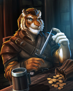 5_fingers anthro black_body black_claws black_fur black_stripes blue_eyes brown_hair claws clothed clothing coin container countershading cup dagger detailed_background dreadlocks eye_scar facial_scar fingers fur furniture gold_(metal) gold_coin grin hair holding_object holding_weapon long_hair looking_at_viewer male melee_weapon multicolored_body multicolored_fur notched_ear orange_body orange_fur pink_nose scar sitting smile solo striped_body striped_fur stripes table teeth weapon whiskers white_body white_fur dream_and_nightmare felid mammal pantherine tiger 2020 4:5 digital_media_(artwork) hi_res